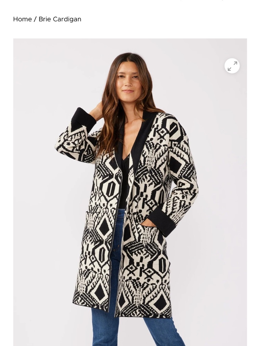 lovestitch Black and Cream Geometric Open-Front Long Cardigan